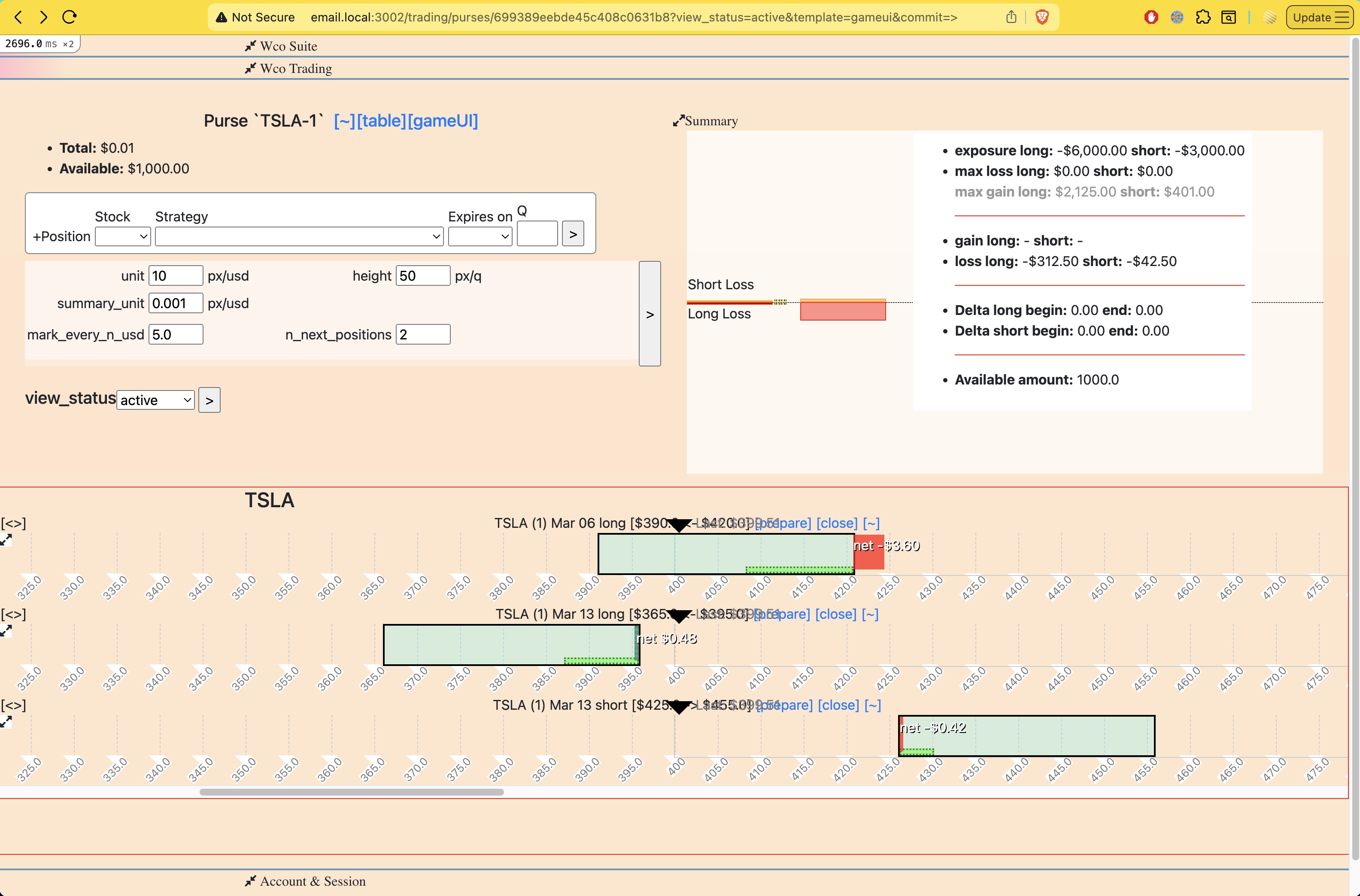 The UI displays long AND short positions on the same screen (in the same "purse"), excluding proposed or pending.